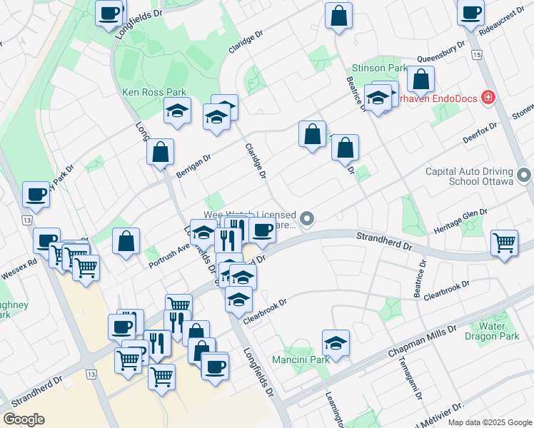 map of restaurants, bars, coffee shops, grocery stores, and more near 436 Claridge Drive in Ottawa