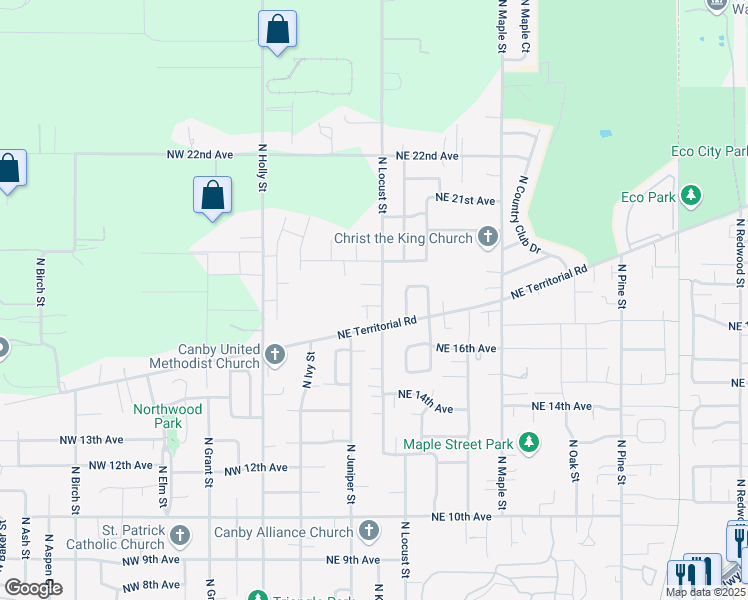 map of restaurants, bars, coffee shops, grocery stores, and more near 1840 North Locust Street in Canby