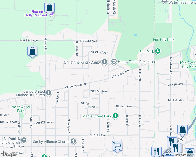 map of restaurants, bars, coffee shops, grocery stores, and more near 1855 North Maple Street in Canby