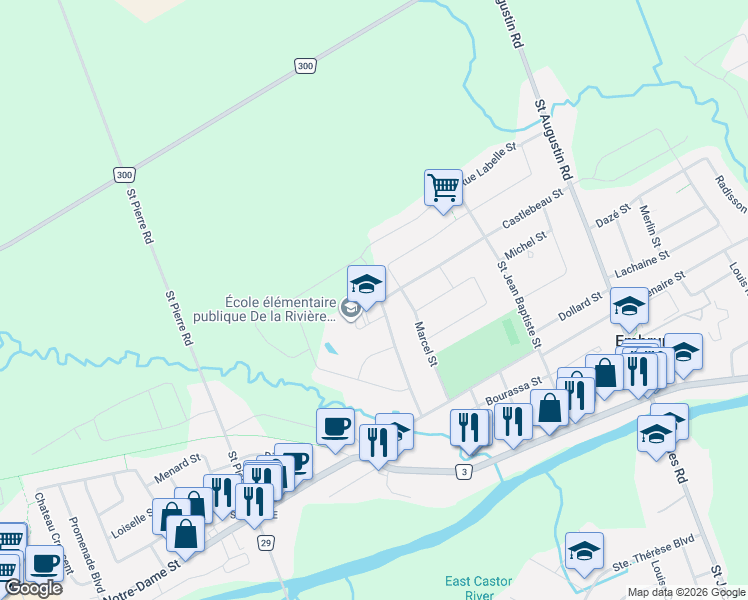 map of restaurants, bars, coffee shops, grocery stores, and more near 72 Castlebeau Street in Embrun