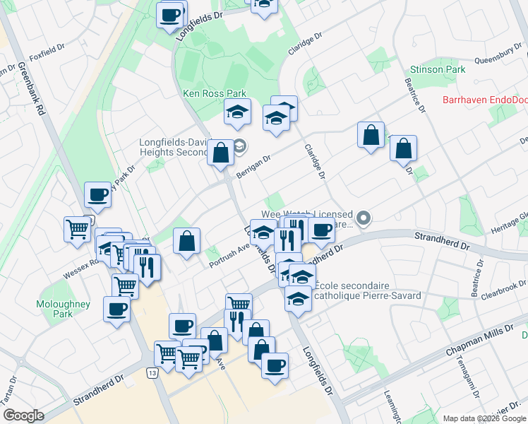 map of restaurants, bars, coffee shops, grocery stores, and more near 118 Rodeo Drive in Ottawa