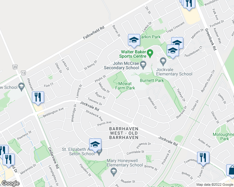 map of restaurants, bars, coffee shops, grocery stores, and more near 31 Melville Drive in Ottawa