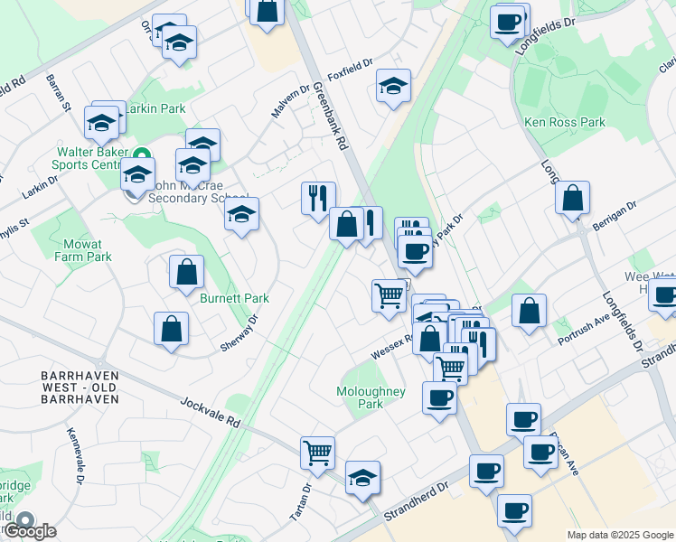 map of restaurants, bars, coffee shops, grocery stores, and more near 19 Glacier Street in Ottawa