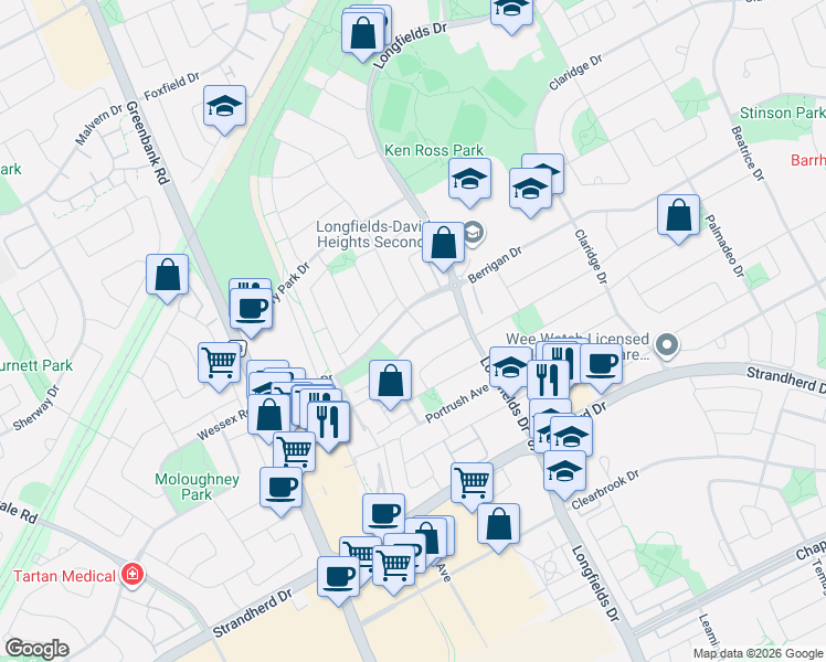 map of restaurants, bars, coffee shops, grocery stores, and more near 106 Hornchurch Lane in Ottawa
