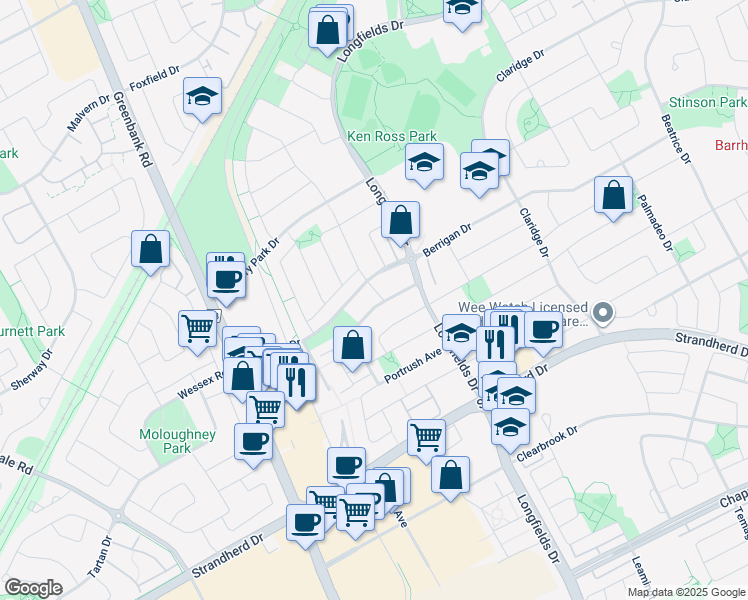 map of restaurants, bars, coffee shops, grocery stores, and more near 106 Hornchurch Lane in Ottawa