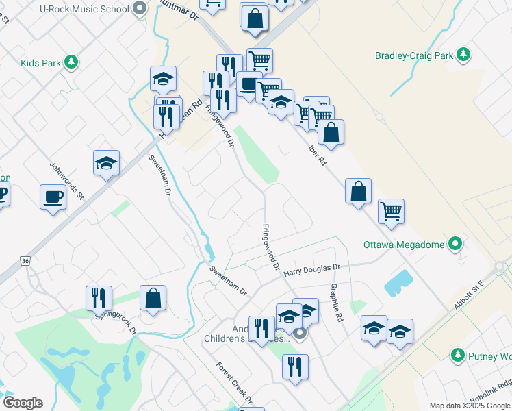 map of restaurants, bars, coffee shops, grocery stores, and more near 58 Poole Creek Crescent in Ottawa