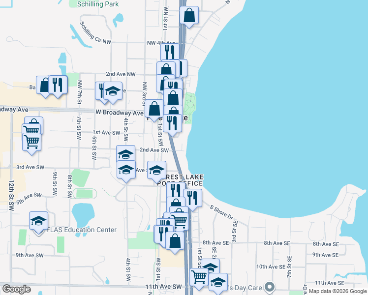 map of restaurants, bars, coffee shops, grocery stores, and more near 43 2nd Avenue Southeast in Forest Lake