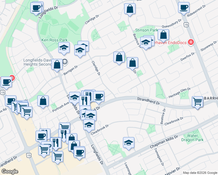 map of restaurants, bars, coffee shops, grocery stores, and more near 458 Claridge Drive in Ottawa