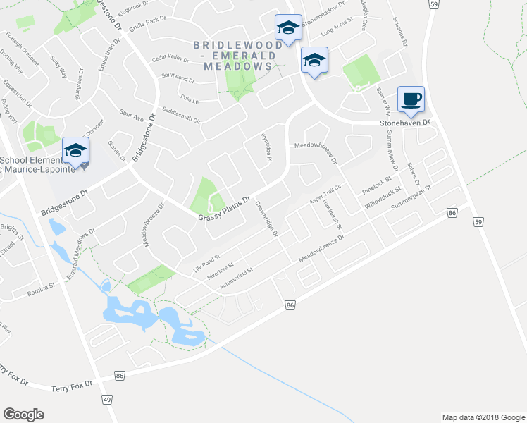 map of restaurants, bars, coffee shops, grocery stores, and more near 43 Crownridge Drive in Ottawa
