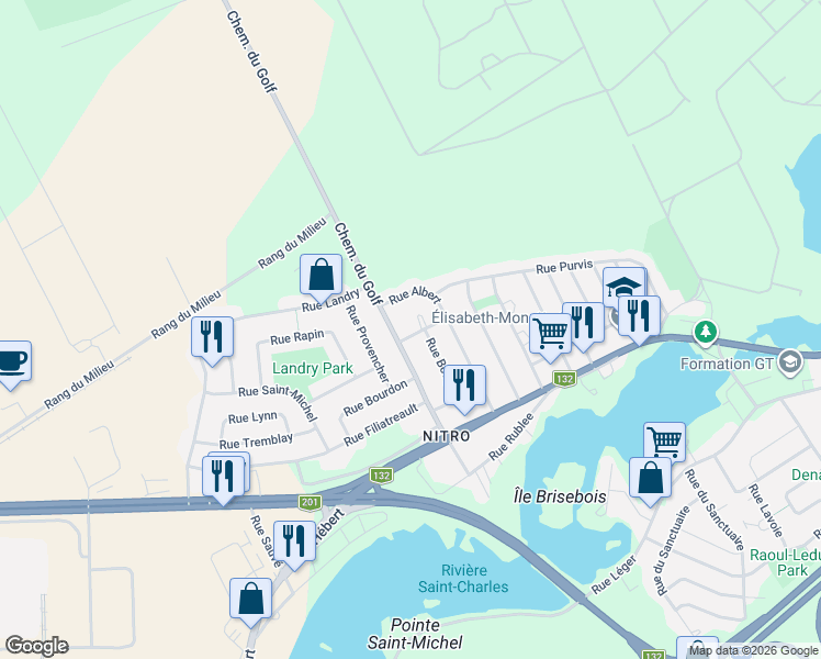 map of restaurants, bars, coffee shops, grocery stores, and more near 15 Rue Arthur-Péladeau in Salaberry-de-Valleyfield