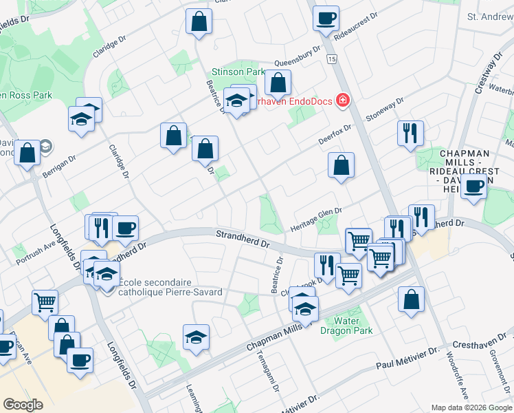 map of restaurants, bars, coffee shops, grocery stores, and more near 4 Greenpointe Drive in Ottawa