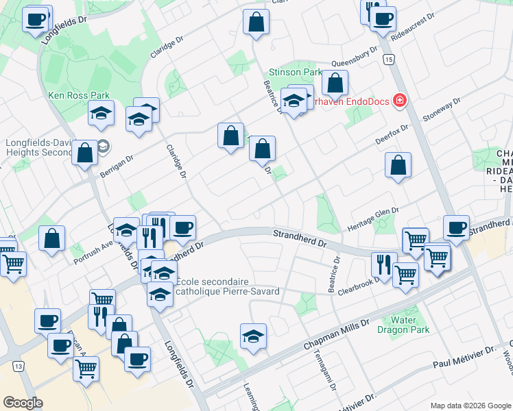 map of restaurants, bars, coffee shops, grocery stores, and more near 170 Deerfox Drive in Ottawa