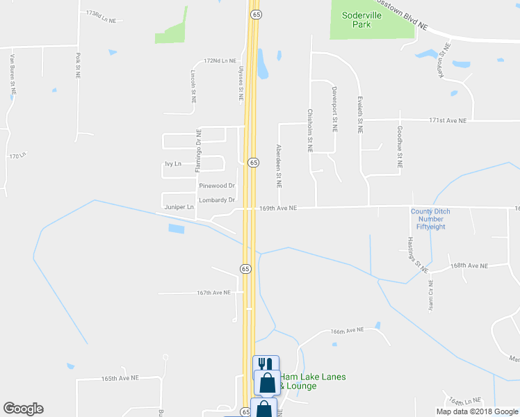 map of restaurants, bars, coffee shops, grocery stores, and more near 2017 169th Avenue Northeast in Ham Lake