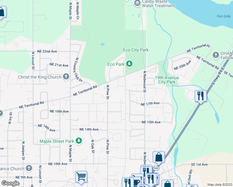 map of restaurants, bars, coffee shops, grocery stores, and more near 1802 North Pine Street in Canby