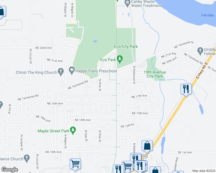 map of restaurants, bars, coffee shops, grocery stores, and more near 1802 North Pine Street in Canby
