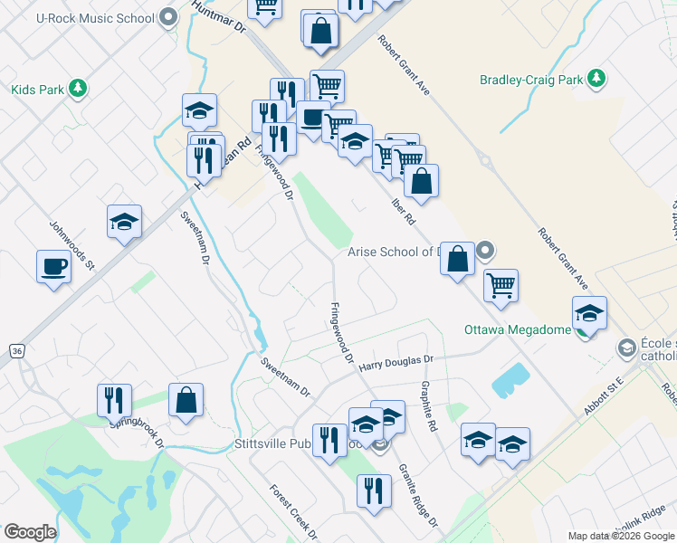 map of restaurants, bars, coffee shops, grocery stores, and more near 34 Fringewood Drive in Ottawa