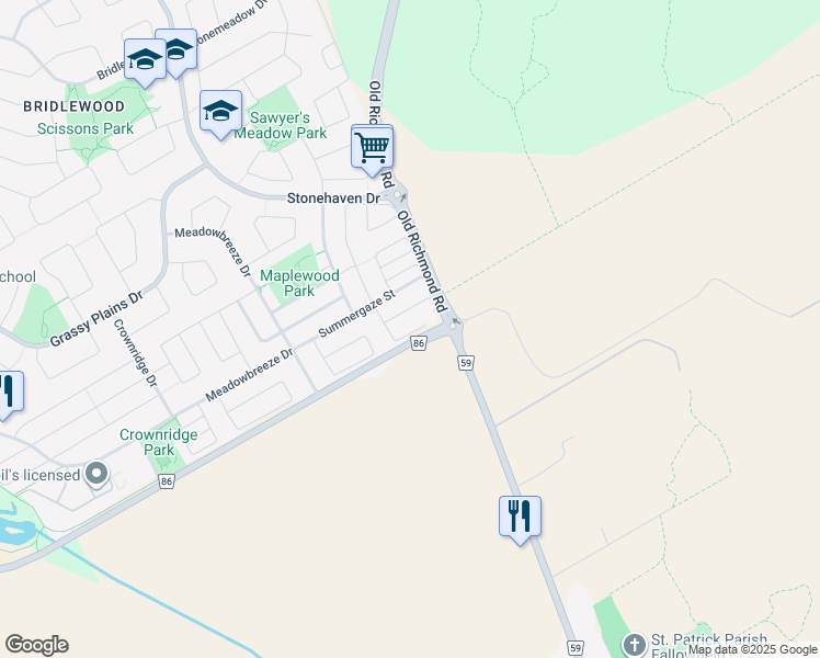 map of restaurants, bars, coffee shops, grocery stores, and more near 155 Conifer Creek Circle in Ottawa