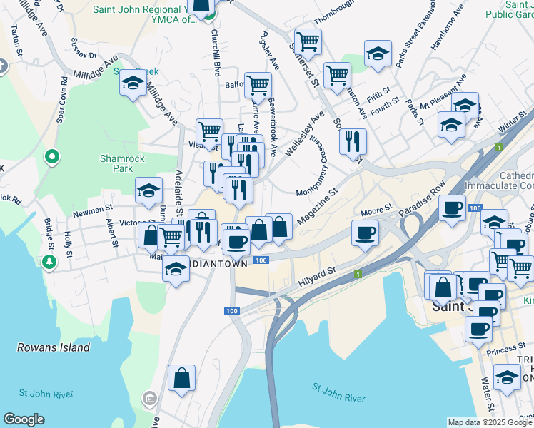 map of restaurants, bars, coffee shops, grocery stores, and more near 44 Dufferin Avenue in Saint John