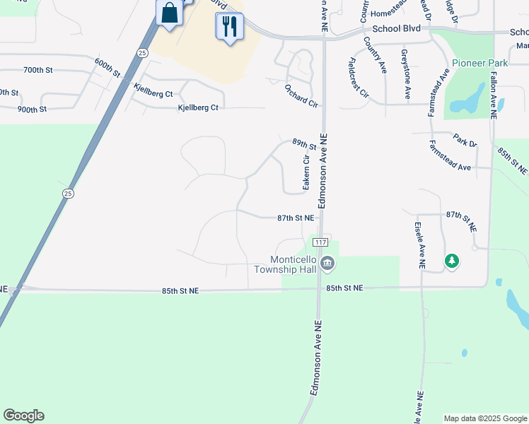 map of restaurants, bars, coffee shops, grocery stores, and more near 4333 87th Street Northeast in Monticello