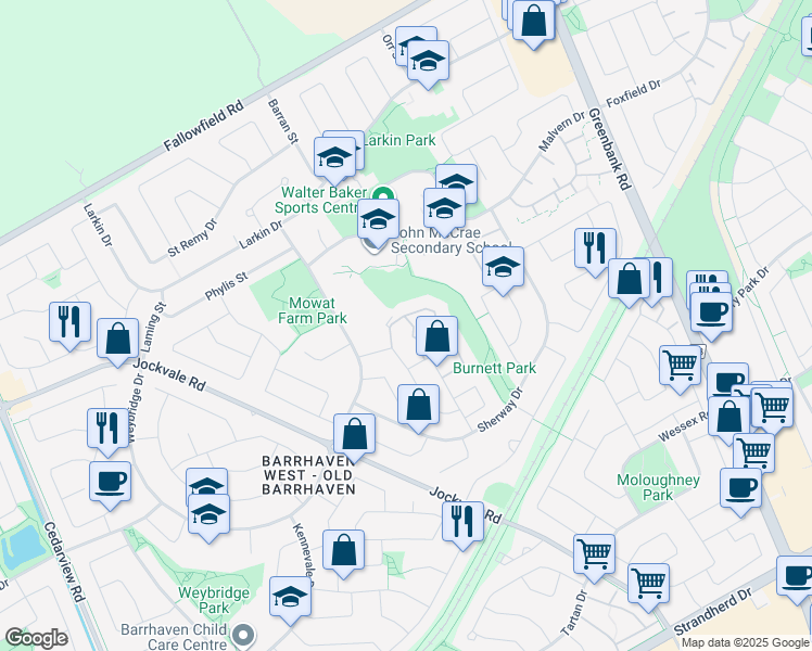 map of restaurants, bars, coffee shops, grocery stores, and more near 11 Maple Ridge Crescent in Ottawa