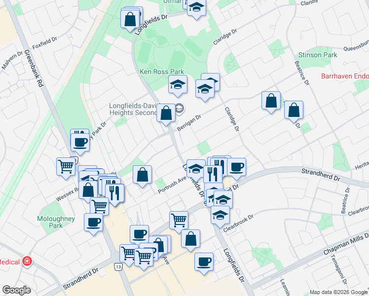 map of restaurants, bars, coffee shops, grocery stores, and more near 244 Calaveras Avenue in Ottawa