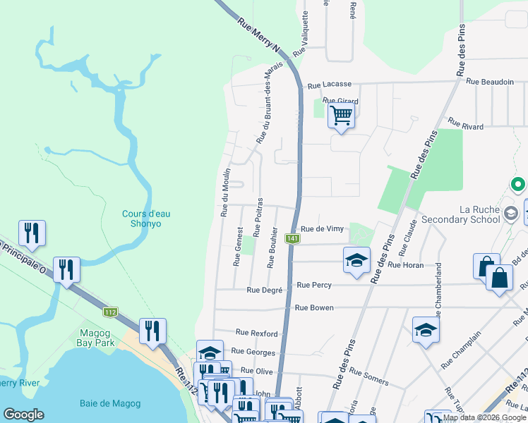 map of restaurants, bars, coffee shops, grocery stores, and more near 860 Rue Poitras in Magog