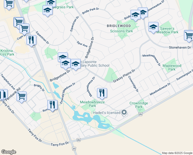 map of restaurants, bars, coffee shops, grocery stores, and more near 11 Meadowbreeze Drive in Ottawa
