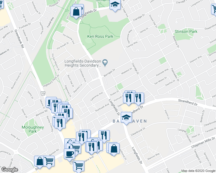 map of restaurants, bars, coffee shops, grocery stores, and more near 244 Calaveras Avenue in Ottawa