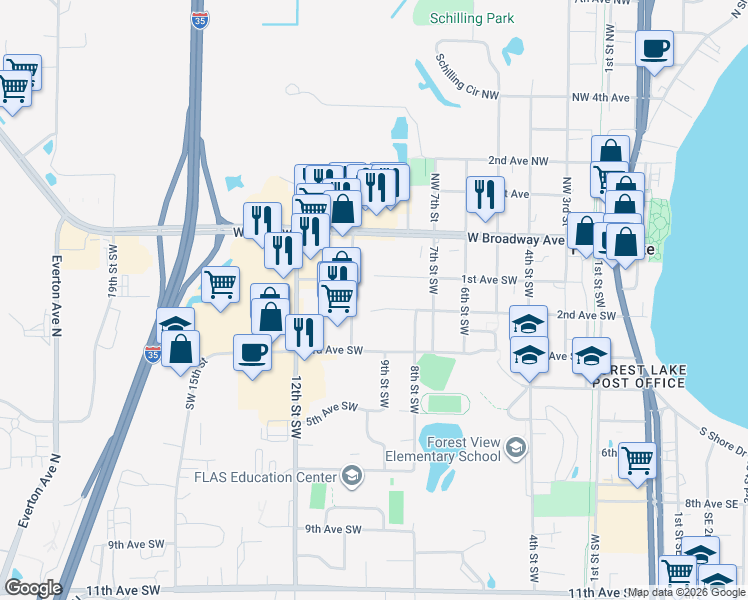 map of restaurants, bars, coffee shops, grocery stores, and more near 923 2nd Avenue Southwest in Forest Lake