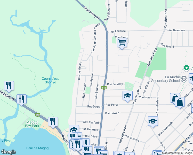 map of restaurants, bars, coffee shops, grocery stores, and more near 863 Rue Bouhier in Magog