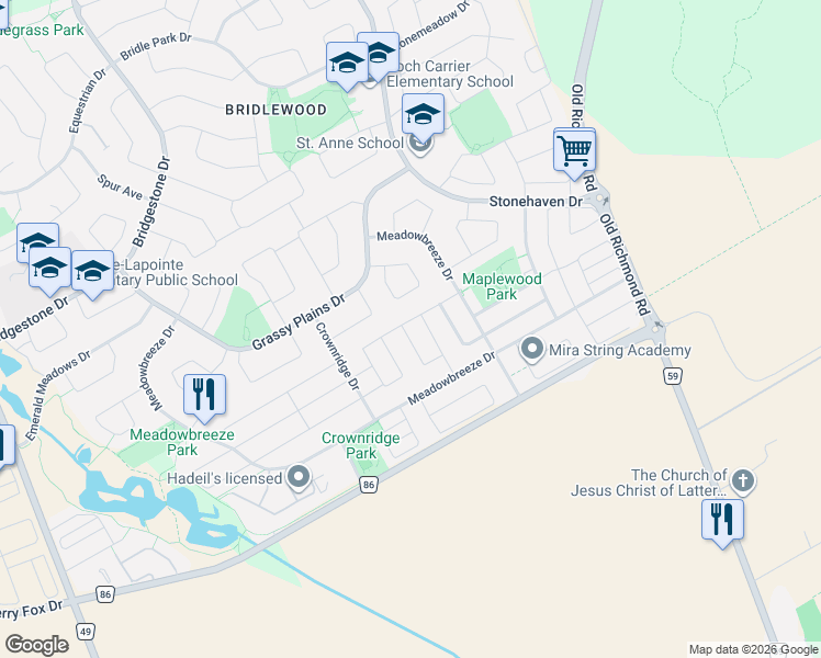 map of restaurants, bars, coffee shops, grocery stores, and more near 303 Everglade Way in Ottawa