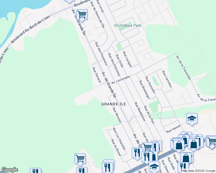 map of restaurants, bars, coffee shops, grocery stores, and more near 723 Avenue de Grande Île in Salaberry-de-Valleyfield