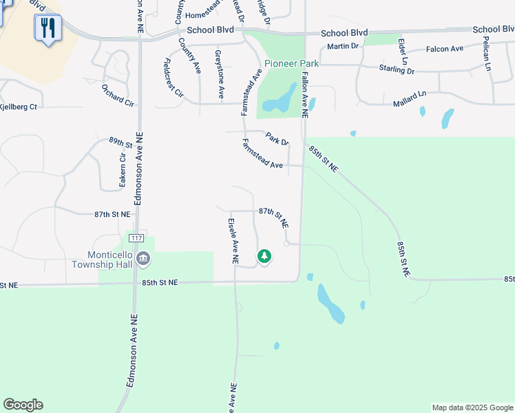 map of restaurants, bars, coffee shops, grocery stores, and more near 4867 87th St NE in Monticello