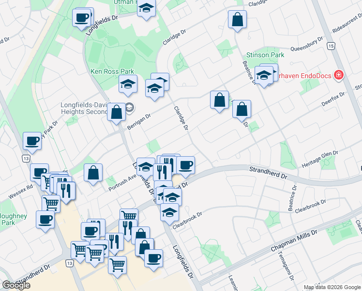 map of restaurants, bars, coffee shops, grocery stores, and more near 106 Portrush Avenue in Ottawa