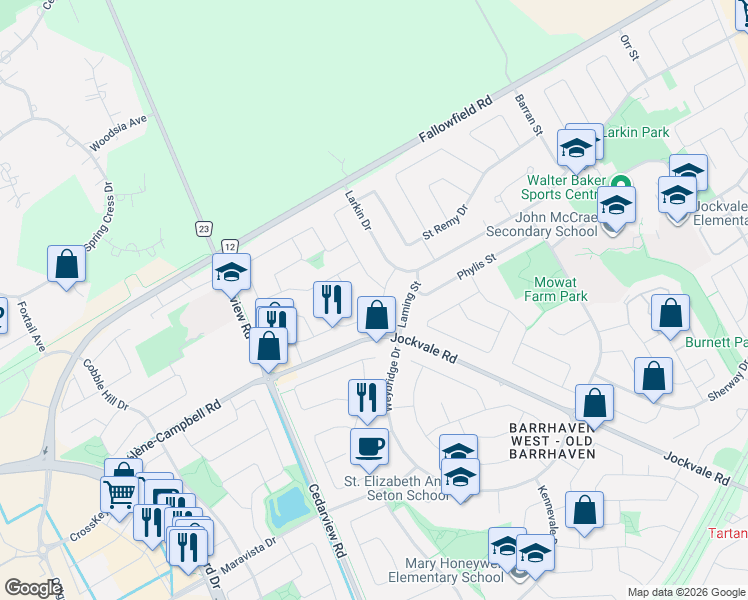 map of restaurants, bars, coffee shops, grocery stores, and more near 13 Raftus Square in Ottawa