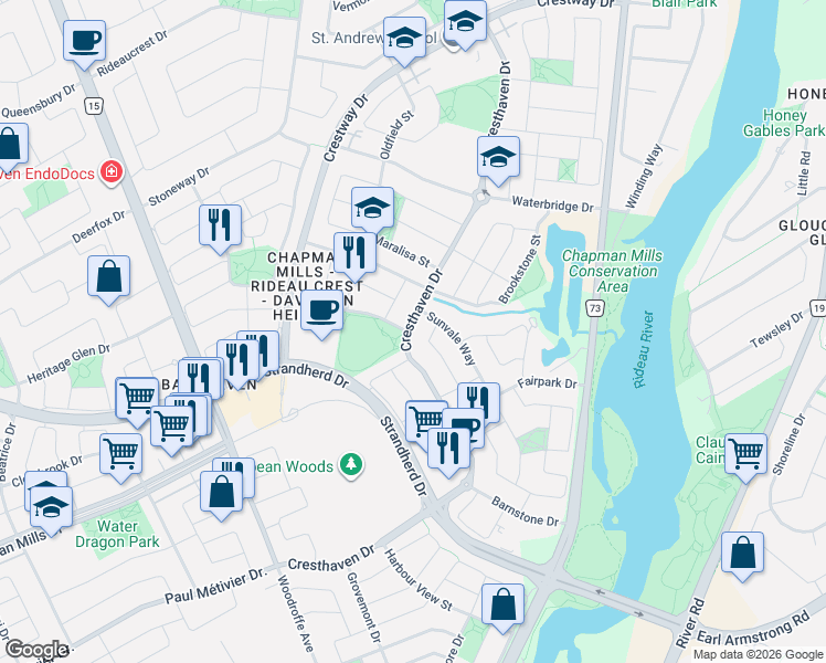 map of restaurants, bars, coffee shops, grocery stores, and more near 191 Cresthaven Drive in Ottawa