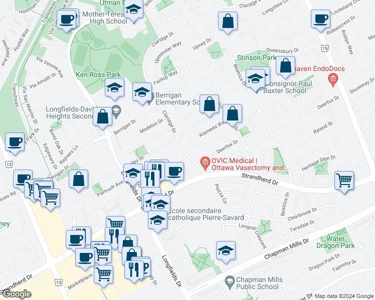 map of restaurants, bars, coffee shops, grocery stores, and more near 442 Claridge Drive in Ottawa