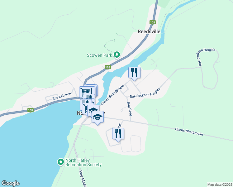 map of restaurants, bars, coffee shops, grocery stores, and more near 460 Chemin de la Rivière in North Hatley