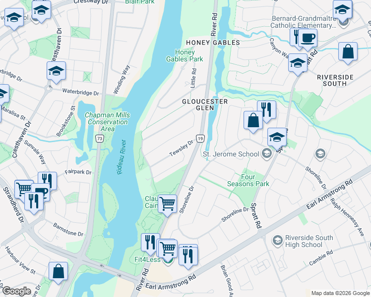map of restaurants, bars, coffee shops, grocery stores, and more near 265 Tewsley Drive in Ottawa