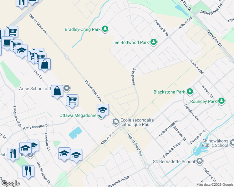 map of restaurants, bars, coffee shops, grocery stores, and more near 751 Fairline Row in Ottawa