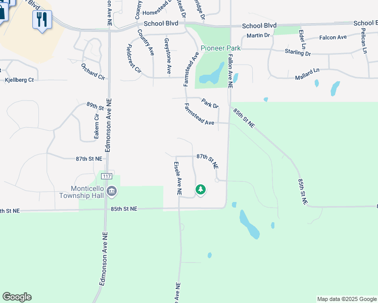 map of restaurants, bars, coffee shops, grocery stores, and more near 4867 87th Street Northeast in Monticello