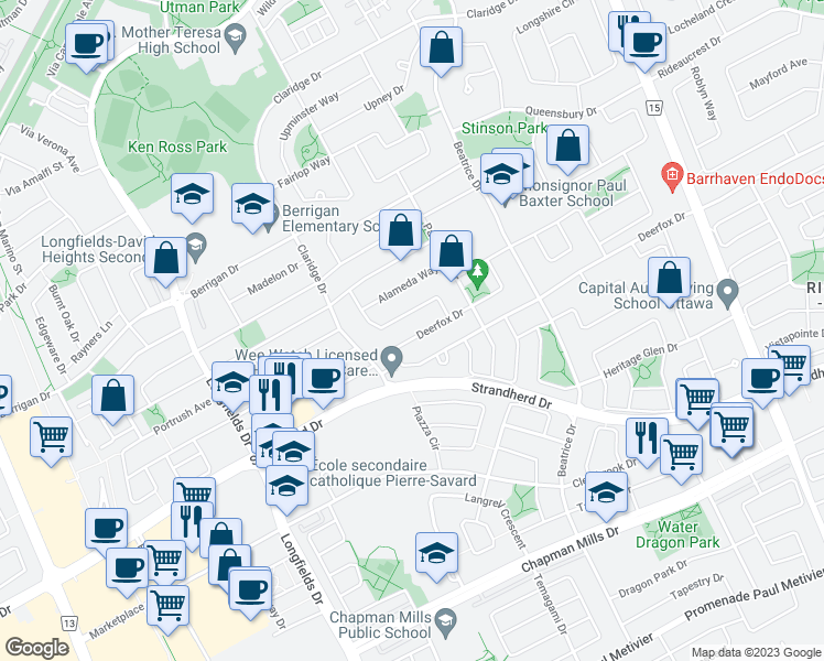 map of restaurants, bars, coffee shops, grocery stores, and more near 237 Deerfox Drive in Ottawa