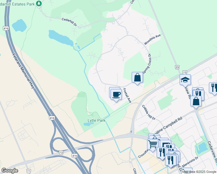 map of restaurants, bars, coffee shops, grocery stores, and more near 30 Spring Cress Drive in Ottawa