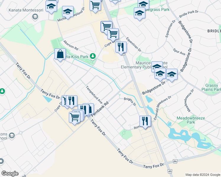 map of restaurants, bars, coffee shops, grocery stores, and more near 621 Pepperville Crescent in Ottawa