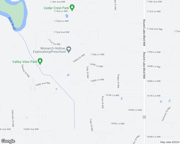 map of restaurants, bars, coffee shops, grocery stores, and more near 16933 Tulip Street Northwest in Andover