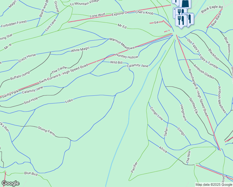 map of restaurants, bars, coffee shops, grocery stores, and more near Ski Lift Road in Big Sky