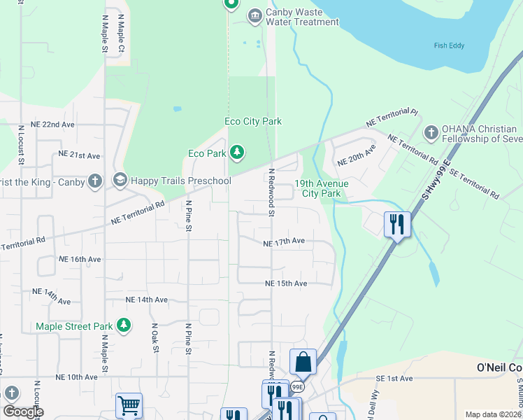 map of restaurants, bars, coffee shops, grocery stores, and more near 1422 Northeast 18th Place in Canby