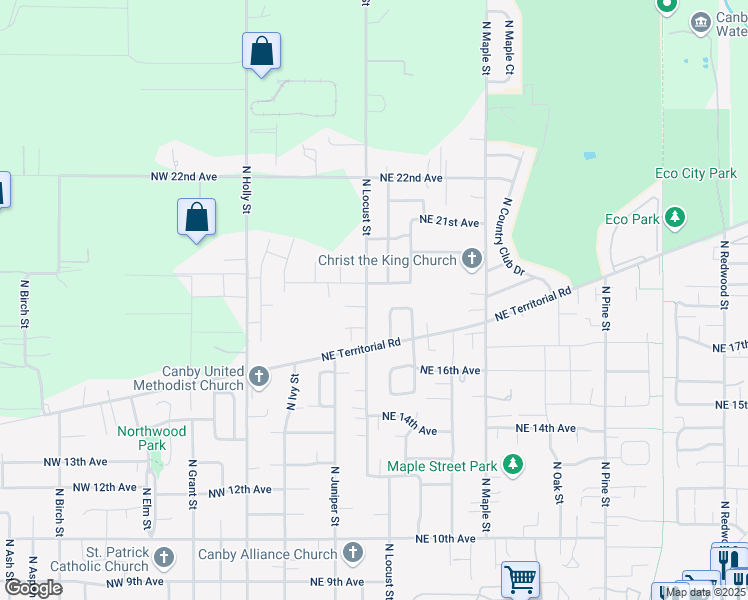 map of restaurants, bars, coffee shops, grocery stores, and more near 1840 North Locust Street in Canby