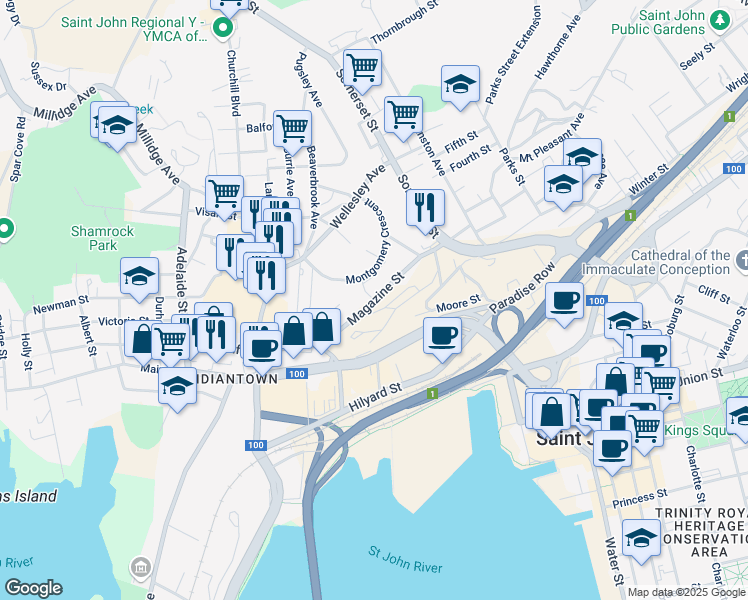 map of restaurants, bars, coffee shops, grocery stores, and more near Magazine Street in Saint John