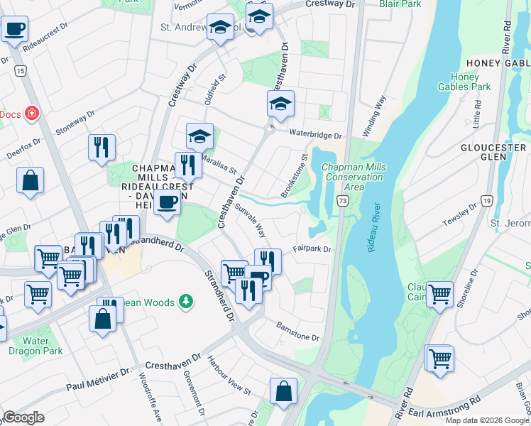 map of restaurants, bars, coffee shops, grocery stores, and more near 11 Branchwood Street in Ottawa